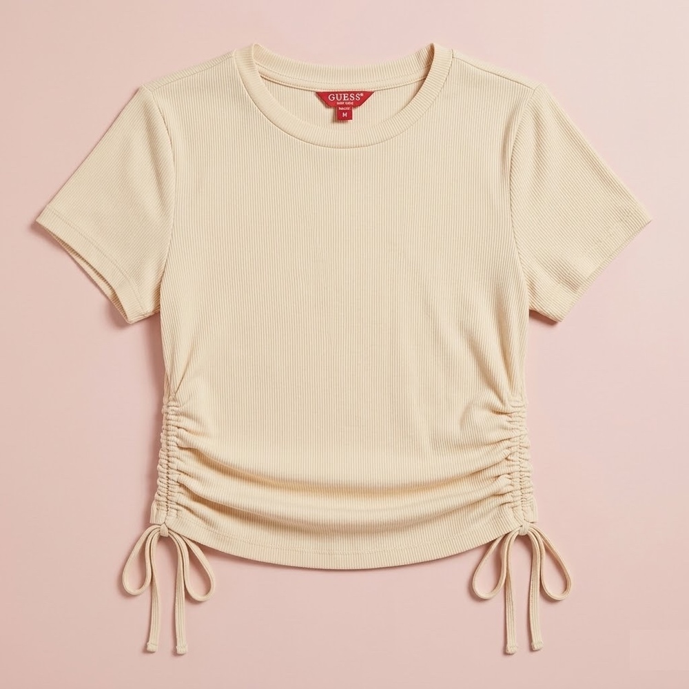 GUESS Cream Ribbed Drawstring Short Sleeve Top